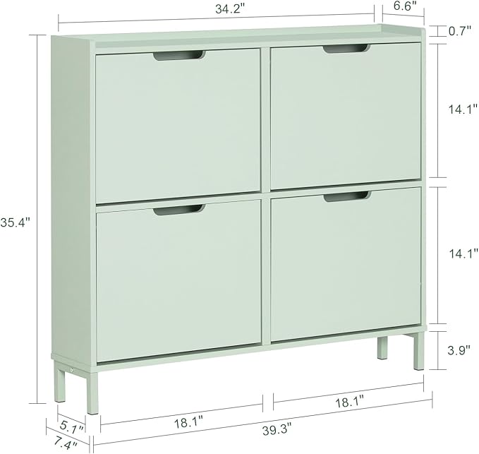 Haotian Green Shoe Cabinet with 4 Flip-Drawers | Narrow Freestanding Shoe Rack, Slim Shoe Organiazer for Entryway Hallway Mudroom, FSR100-GR