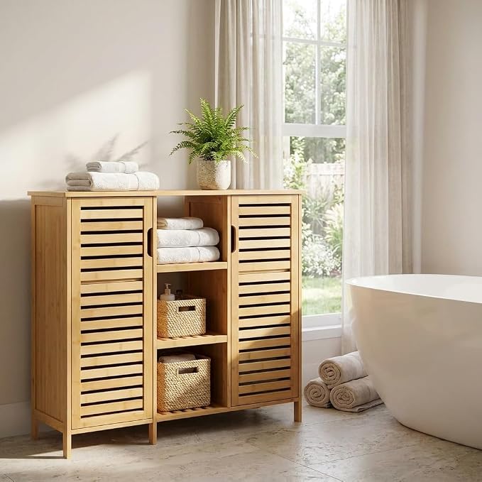 RoyalHouse Bamboo Floor Cabinet with 2 Shutter Doors and 3 Open Shelves, Freestanding Organizer for Bathroom, Kitchen, Living Room, Eco-Friendly and Durable, Brown