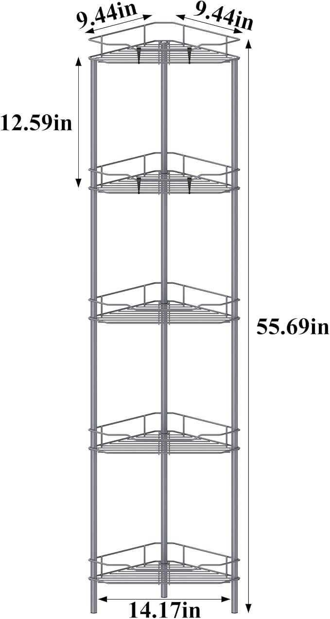 HuggieGems 5 Tier Floor Standing Corner Shower Caddy Organizer Shelf with Hooks, Bathroom Shelves Stand Rack, Dark Gray