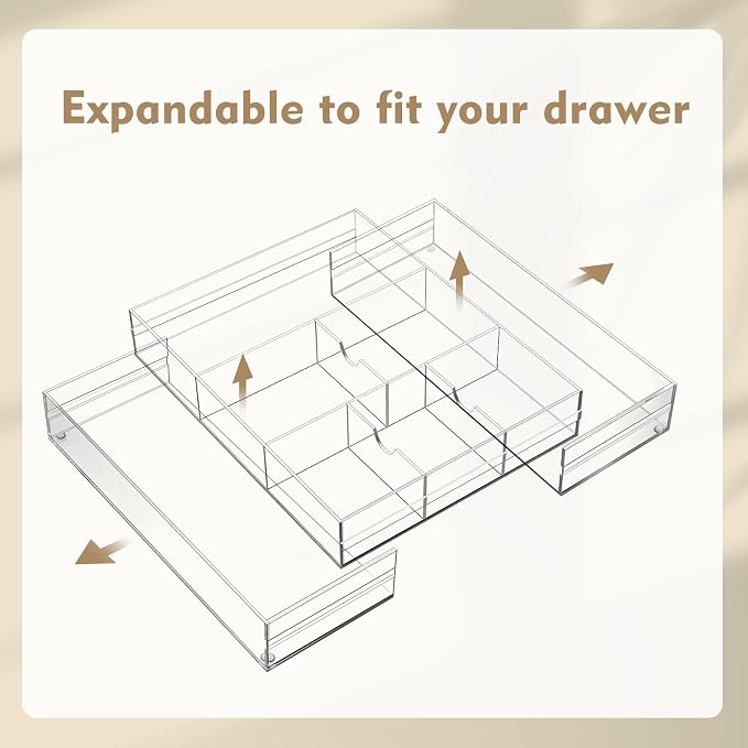Briwooody Clear Acrylic Drawer Organizer Expandable,8 Compartments,Large | 9'' up to 18'' x 12'' x 2.1'' Desk Drawer Organizer Trays Adjustable with Desk Accessories for Makeup Office Bathroom