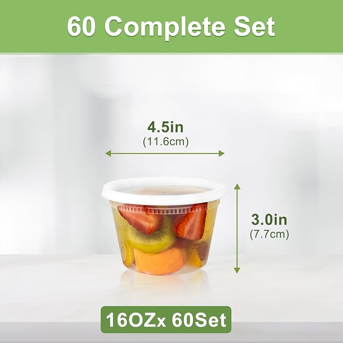 Dipoo 60 Sets (120-Piece) Deli Containers with Lids 16 oz, Leak-Proof & BPA Free Airtight Takeout Plastic Food Storage Containers for Soup, Freezer/Microwave/Dishwasher Safe