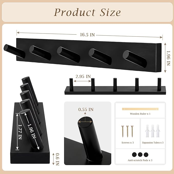 Coat Rack Wall Mount, Wooden Coat Hanger, Black, 1 Pcs | Heavy Duty, 5 Sturdy Rounded Hooks, Bamboo Wood Material, for Entryway, Doorway, Living Room, Kid's room, Living Room, Closet