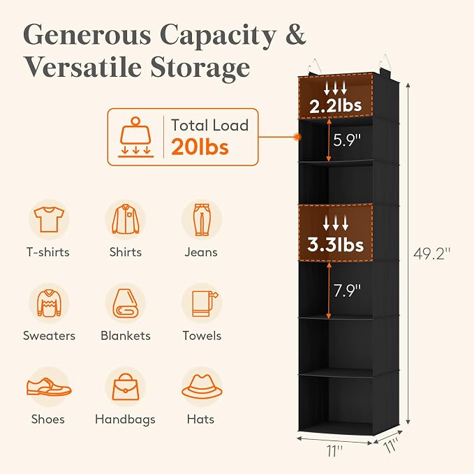 Lifewit 7 Tier Hanging Portable Closet Storage Organizer for Shelves, Gray | Foldable Clothes Shelf with 2 Sturdy Hooks, Sweater/Coat/Shoes Clothing Organization for Wardrobe, Dorm, Bedroom