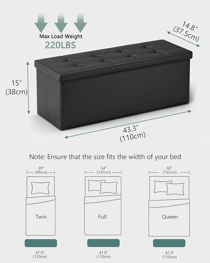 LITZFUR 43" Storage Ottoman Bench, Folding Faux Leather Chest, Black | Stroage Box with 2 Dividers, Foot Rest Stool, Padded Seat for Bedroom, Entryway, Living Room