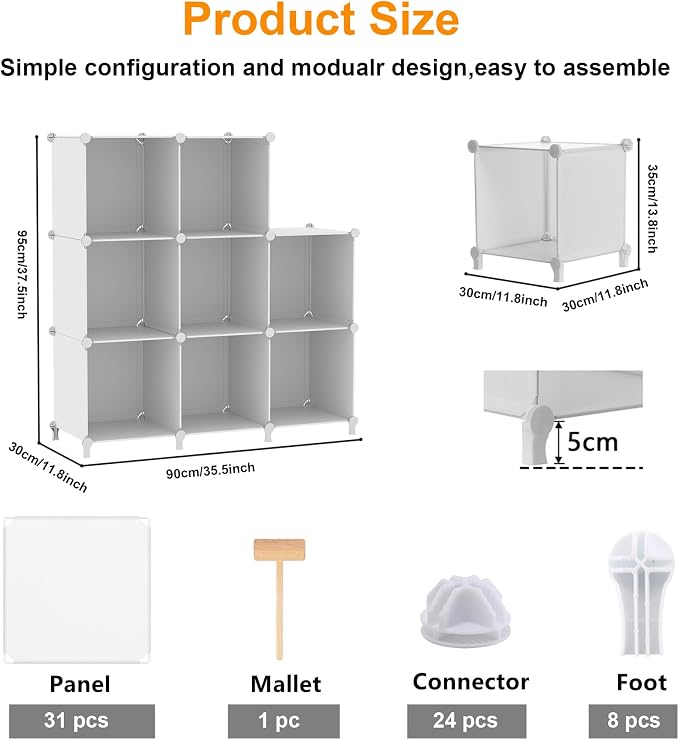 AWTATOS 8 Cube Storage Organizer, Closet Organizer Storage Shelf, White | DIY Stackable Storage Cubes Shelves for Closet, Bookcase Bookshelf, Plastic Shelving for Bedroom, Home Office