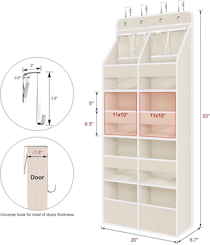 Univivi Upgraded Over Door Organizer for Baby Stuff, Beige Pattern, 5-Shelf | Fabric Behind Door Storage with Clear Window Deep Pockets, Over Door Hanging Organizer for Baby Essential, Bedroom, and Dorm