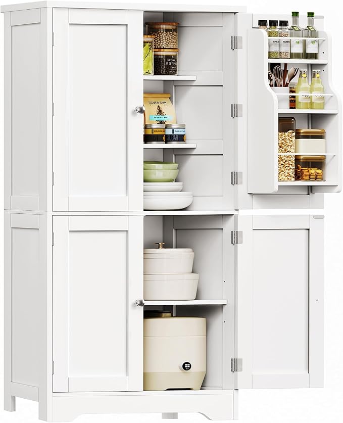 51" H Pantry Cabinet with 4 Doors, Kitchen Cabinet with 6 Door Shelves, Storage Cabinet for Living Room, Dining Room, Bathroom, White