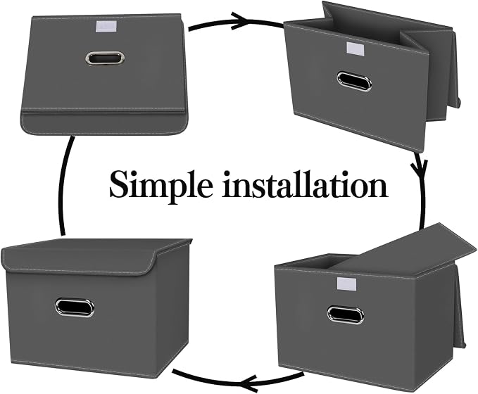 Fabric Foldable Collapsible Storage Cube Bin Organizer Basket with Lid, Handles, Removable Divider for Home, Closet (Grey, 6Pcs)