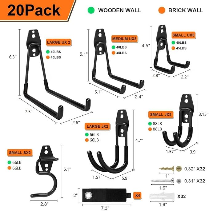 Heavy Duty Garage Hooks Storage, Anti-Slip Steel Wall Mount Multi-Size Utility Hangers Organizer for Ladders, Bikes, Garden Tools, Hose with 32 Screws Hardware Kit (Black, 20 Pack)