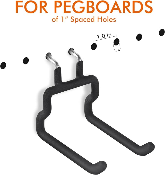 Utility Heavy Duty Pegboard Hooks, 5Pack Peg Board Accessories Tool Hangers | Fit 1/8" 1/4" Peg Holes, Double Arm Peg Board Bracket, Rubber Coated, Large Tool Organizer for Garage Workshop Shed Craftroom