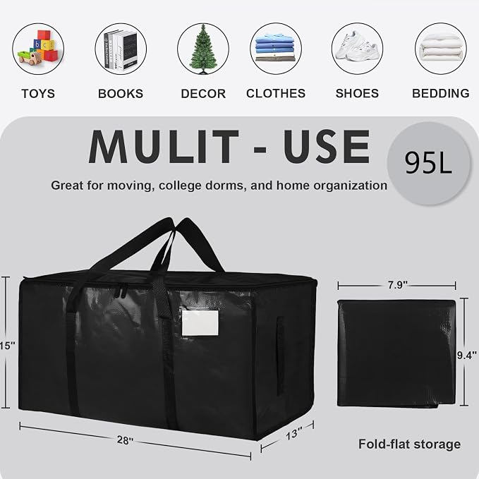12 Pack-Extra Large Heavy Duty Moving Bags - Waterproof Storage Totes with Handles & Zippers, Foldable for College Dorm, Storage (Black)