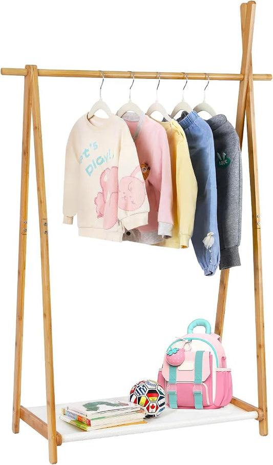 Jotsport Bamboo Kids Dress Up Rack Foldable Design with Fabric Storage | Small Kids Clothing Rack Toddler Wardrobe Closet for Play Room, Nursery, Baby Shower