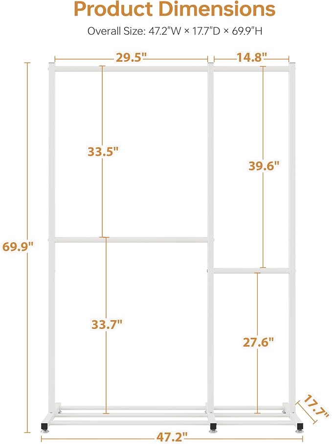 Clothes Rack, Clothing Racks for Hanging Clothes with 4 Hanging Sections, Double Rod Garment Rack with Storage Shelves for Bedroom Living Room 47.2" x 17.7" x 69.9", White