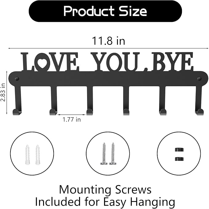 Key Holder for Wall - 'Love You Bye' Key Hooks, Black, 6 Hooks | Key Holder Wall Mount Self Adhesive, Key Rack Wall Mount for Wall No Drill for Living Room, Kitchen, Bathroom, Garage