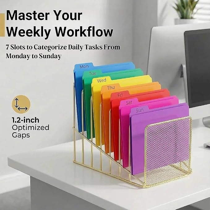 Gold Desk Organizer 7 Slot Inclined Vertical File Folder Holder Sorter with Mesh Front Metal Wire Rack for Mail, Slim Binders, Books Office Organization Desktop Accessories
