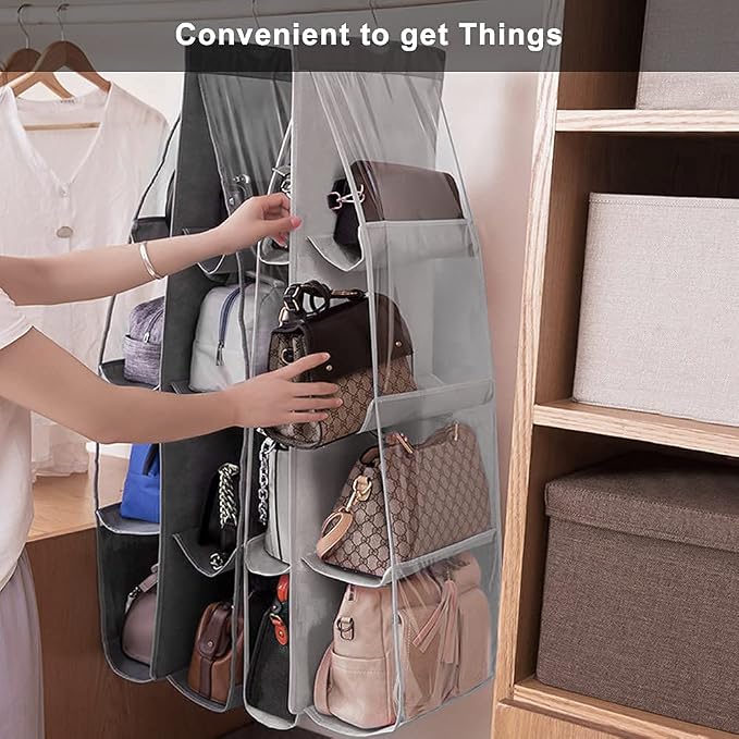 Lirex 8-Pocket Hanging Purse Organizer for Closet - Oxford Cloth Storage System with Double Layer Protection (39.37" x 13.38"),Grey
