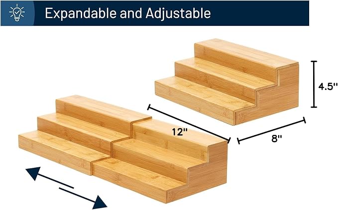 Bamboo Expandable Spice Rack Organizer, 3-Tier Adjustable Kitchen Cabinet | Countertop Display Shelf, Space Organizer for Kitchen and Bathroom (Pack of 2)