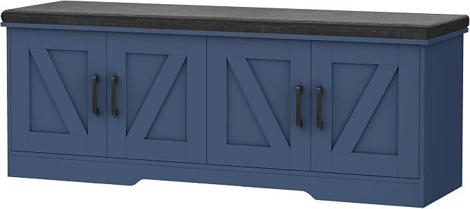HOMSHO Farmhouse Shoe Storage Bench with 4 Barn Doors & Padded Seat Cushion | 47.2" Wide Entryway Bench with Adjustable Shelves & Hidden Storage, Blue