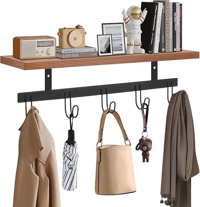 Livabber Wall Mounted Coat Rack with Wooden Shelf, Heavy Duty Wall Hanging Storage with 5 Metal Hooks for Bathroom, Entryway, Living Room, Bedroom (Black)