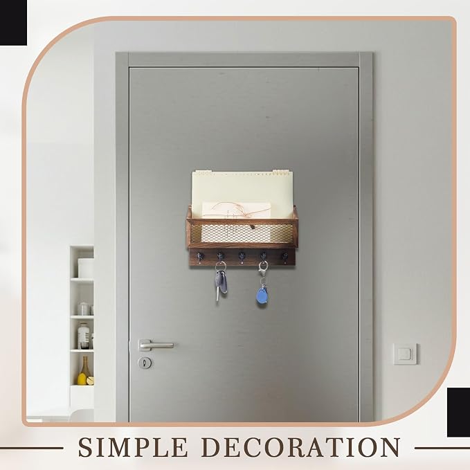 Colingmill Magnetic Mail and Key Holder for Wall Fridge Wooden Mail Organizer with 5 Key Hooks for Home Bedroom Fridge Kitchen Decorative(Brown)