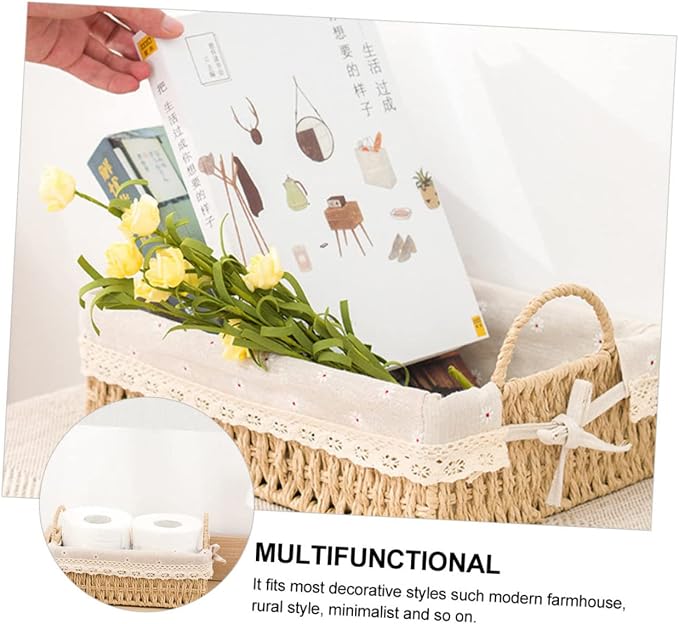 PRETYZOOM Hand-Woven Storage Basket Iron Frame Decorative Organizer for Snacks and Miscellaneous Items Portable Woven Bin for Home and Garden