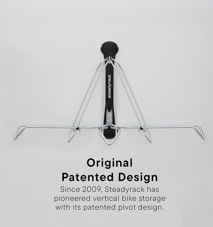 Steadyrack Bike Rack – Pivoting Mountain Bike Rack, Holds Up to 77 lbs, Fits 24"-29" Wheels, 2.1"-2.8" Tires, Foldable Wall Mount for Space-Saving Bicycle Storage - 2 Pack | Fits 24 to 29 in wheels and 2.1 to 2.8 in tires. Roll-in, no lift, holds mount...
