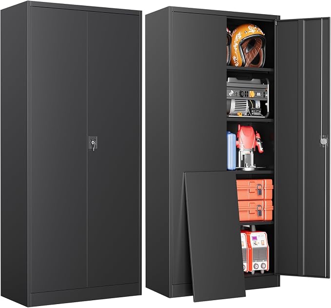 Metal Garage Cabinets with Lock, 72" H Garage Storage Cabinet with 2 Doors and 4 Adjustable Shelves, Steel Locking Caninet Tall Tool Storage Cabinets, Lockable File Cabnet for Home Office