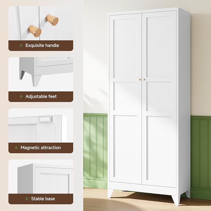 Letaya 75" H Metal Storage Cabinet with 2 Doors and 4 Shelves,Tall Kitchen Pantry Cabinets,Farmhouse Utility Pantry Organizers for Cupboard/Dining/Bathroom/Home Office/Garage Room,White