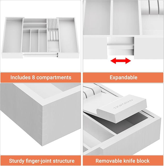Expandable Bamboo Silverware Drawer Organizer Kitchen Tray, White | Removable Knife Block, Holds 7 Knives, Adjustable Dividers, 12.6-21.45 x 16.3 x 2.13 in, Drawer Insert for Utensils, Forks