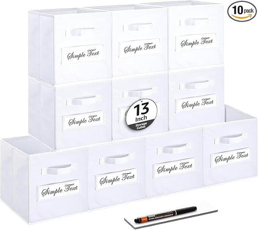 13x13x13 storage cube bins (Set of 10) Fabric storage cubes with 10 Labels Window Cards & a Pen, storage cubes 13x13, Collapsible 13 inch cube storage bins, Cubby Organizer Boxes, White