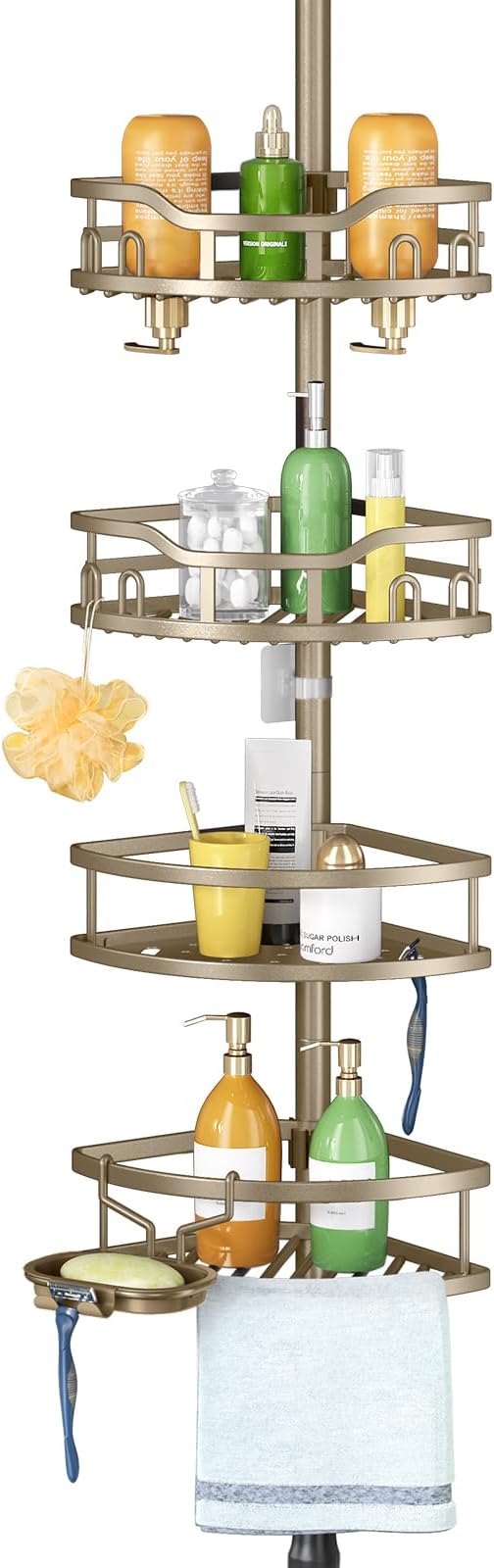HAMITOR Corner Shower Caddy Tension Pole: Rustproof 4-Tier Bathroom Organizer Shelves for Bathtub Shampoo Storage - 47-121 Inch Quick Install Adjustable Rod Standing Rack with Soap Rack -Tan Khaki