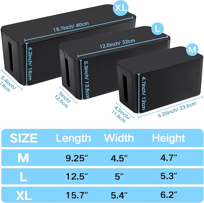 Cable Management Box, 3 Pack Cord Organizer Boxes with 33 PCS Cable Management Set to Cover Hide Power Strip, Surge Protector Under Desk & on Floor, Wire Concealer for Home Office Computer TV (Black)