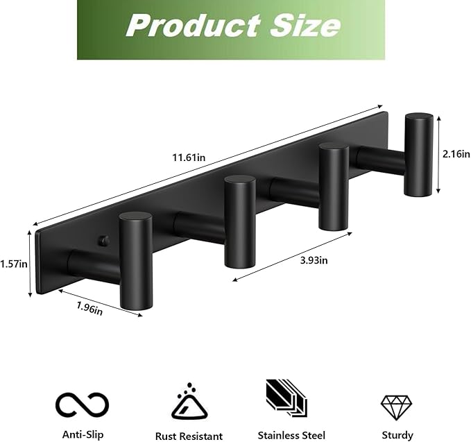 Coat Rack Wall Mounted-4 Hooks, Heavy Duty Stainless Steel Wall Hooks for Towel Coat Bag, Hat Rack Coat Hanger Coat Hooks Towel Racks for Bathroom Entryway Kitchen Hotel (Black, 2 Packs)