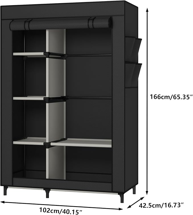 Calmootey Portable Closet Organizer, Space-Saving Storage System for Home | Sturdy Rod for Coats, 6 Shelves for Folded Clothes, 4 Side Pockets for Small Items, Non-Woven Dustproof Cover, Black