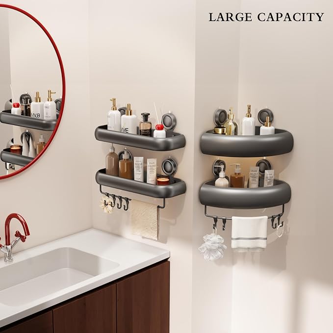CICUFY Shower Caddy Suction Cup, 1 Pack No Drilling Corner Shower Shelves, Rust Proof Bathroom Storage Organizer, Shower Corner Caddy with Removable Hooks and Towel Bar, Triangle, Grey