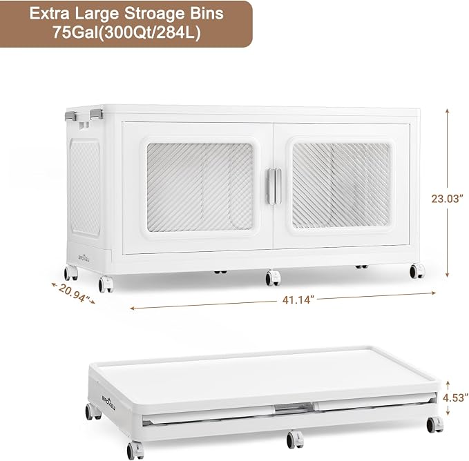 BROVIEW 300 Qt/75 Gal Stackable Storage Bins with Lids, 1 Pack, White | Large Stackable Storage Boxes w/ 1 Lid Folding Plastic Cart Organizer for Home Kitchen, Open Front Clear Door with Wheels