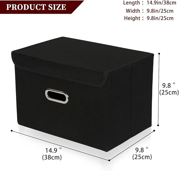 STOREONE Fabric Storage Cube Bins Foldable Organizer Container Collapsible Basket with Lids and Metal Handles, for Home, Bedroom, Closet 6 Pcs (Black)