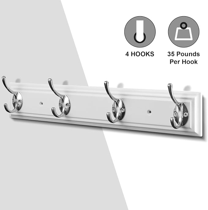 Coat Rack Wall Mounted White, 17" Wooden Modern Wall Coat Hanger with 4 Hooks, Heavy Duty Zinc Alloy Wall Hook Rack for Hanging Coats, Keys, Bags, Great Touch for Bedroom Bathroom Kitchen | 17"