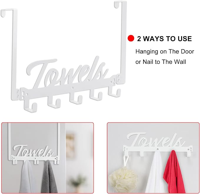 Azmoncy Over The Door Hooks, Towel Rack for Bathroom & Bedroom, Heavy Duty Over Door Towel Hanger with 5 Coat Hooks, White