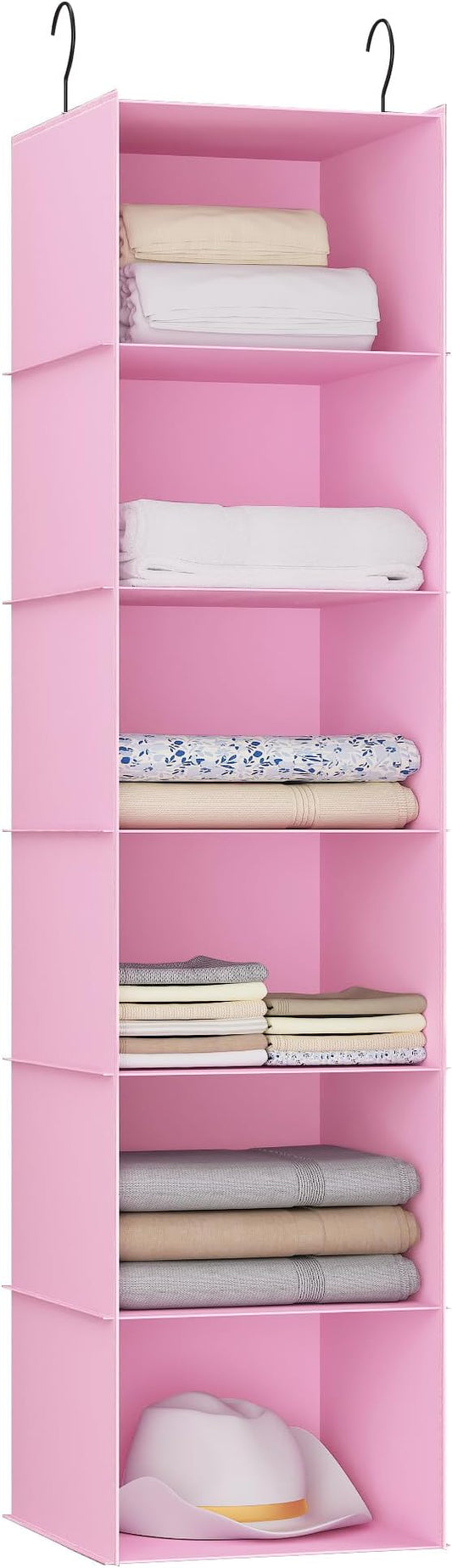 Hanging Closet Organizer 6-Shelf, Oxford Fabric Wardrobe Storage, Pink | Easy-mount foldable design holds clothes, handbags, shoes & accessories; washable Oxford fabric, sturdy and space-saving.