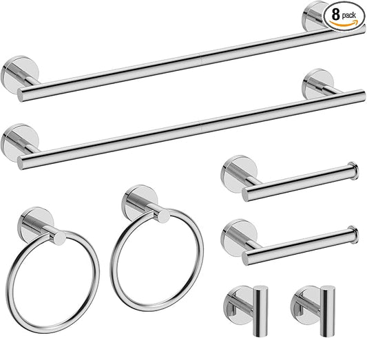 USHOWER 8PCS Polished Chrome Bathroom Hardware Set, 24-Inch Towel Bar Set | Durable SUS304 Stainless Steel Bathroom Accessories Set, Towel Racks for Bathroom Wall Mounted, Modern Home Decor