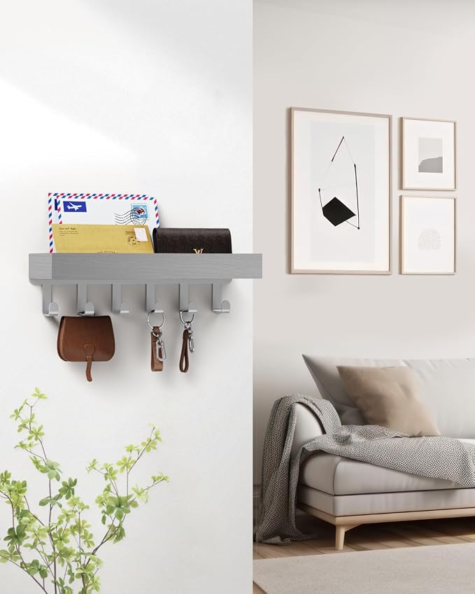 Key Holder Wall Mount Magnetic Adhesive - Key Hooks Rack with shelf | Key Hanger with Mail Organizer for RV Camper Fridge Living Room Decor, Home Essentials, Grey