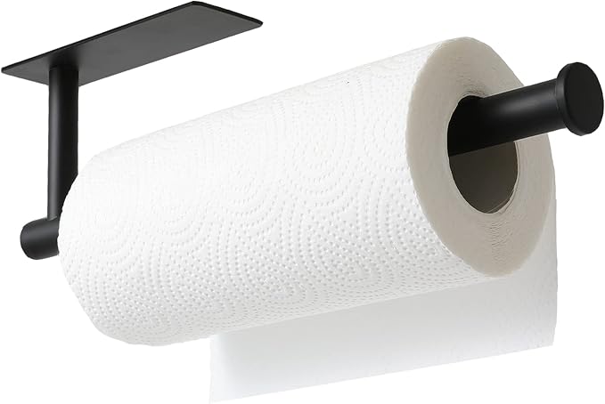 theaoo Under Cabinet Paper Towel Holder for Kitchen, Adhesive, Black | Wall Mounted Paper Towel Roll Rack for Bathroom or Kitchen, SUS304 Stainless Steel, Self-Adhesive or Screw Installation