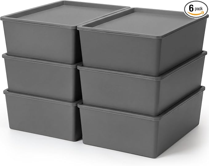 6 Pcs Plastic Storage Bins with Lids Stackable Storage Containers Durable Box Baskets for Organizing Shelves Playroom Classroom Office (Large,Grey)