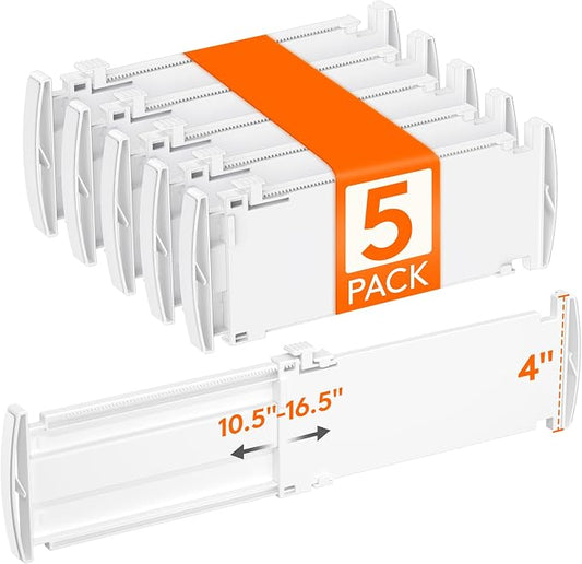 Lifewit 5 Pack Drawer Dividers for Clothes, 4" High 10.5"-16.5" Expandable Dresser Drawer Organizers, Adjustable White Plastic Separators for Kitchen, Cabinet, Nursery, Socks & Underwear Storage