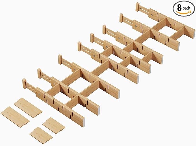 Bamboo Drawer Dividers 8 Pack with Inserts, Kitchen Adjustable Drawer Organizers for Home, Bedroom, Dresser, Expandable Organization 8 Dividers with 16 Inserts