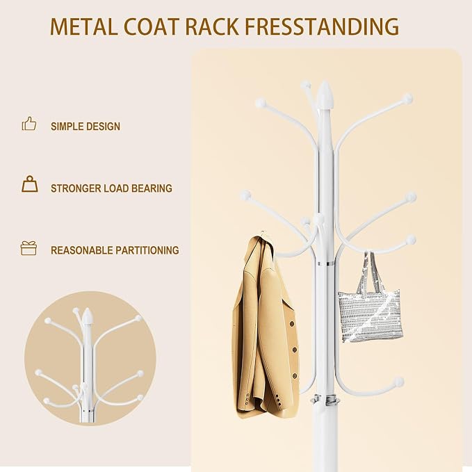 OIRUMIE Coat Rack,Coat Rack Freestanding with 12 Hooks for Entryway,Corner | Metal Coat Rack Stand with Natural Marble Base, White Modern Coat Hanger Stand, Clothes Hall Tree Stand for Hallway