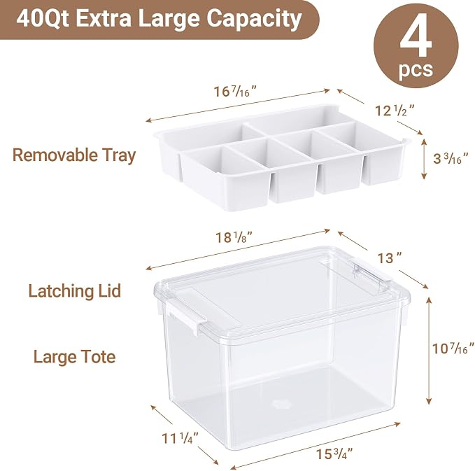 160Qt Stackable Storage Bins with Lids Trays Craft Box Organizers, 4Pack,WH | Clear Plastic Latching Boxes Organizers with Dividers Portable Containers for Arts & Crafts, Home Office Classroom Car Trunk