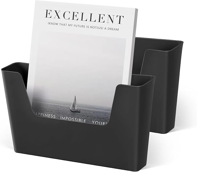 YOHOM Adhesive File Holder Plastic Document Folder Door No Drilling Mount Mail Magazine Organizer A4 Filing Envelopes Folder, Office Wall Mount Single Pocket (BLACK, 2 PCS)
