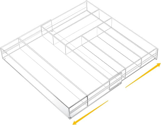 Briwooody Clear Acrylic Drawer Organizer Expandable,7 Compartments,Large | 9'' up to 18'' x 12'' x 2.1'' Desk Drawer Organizer Trays Adjustable with Desk Accessories for Makeup Office Bathroom